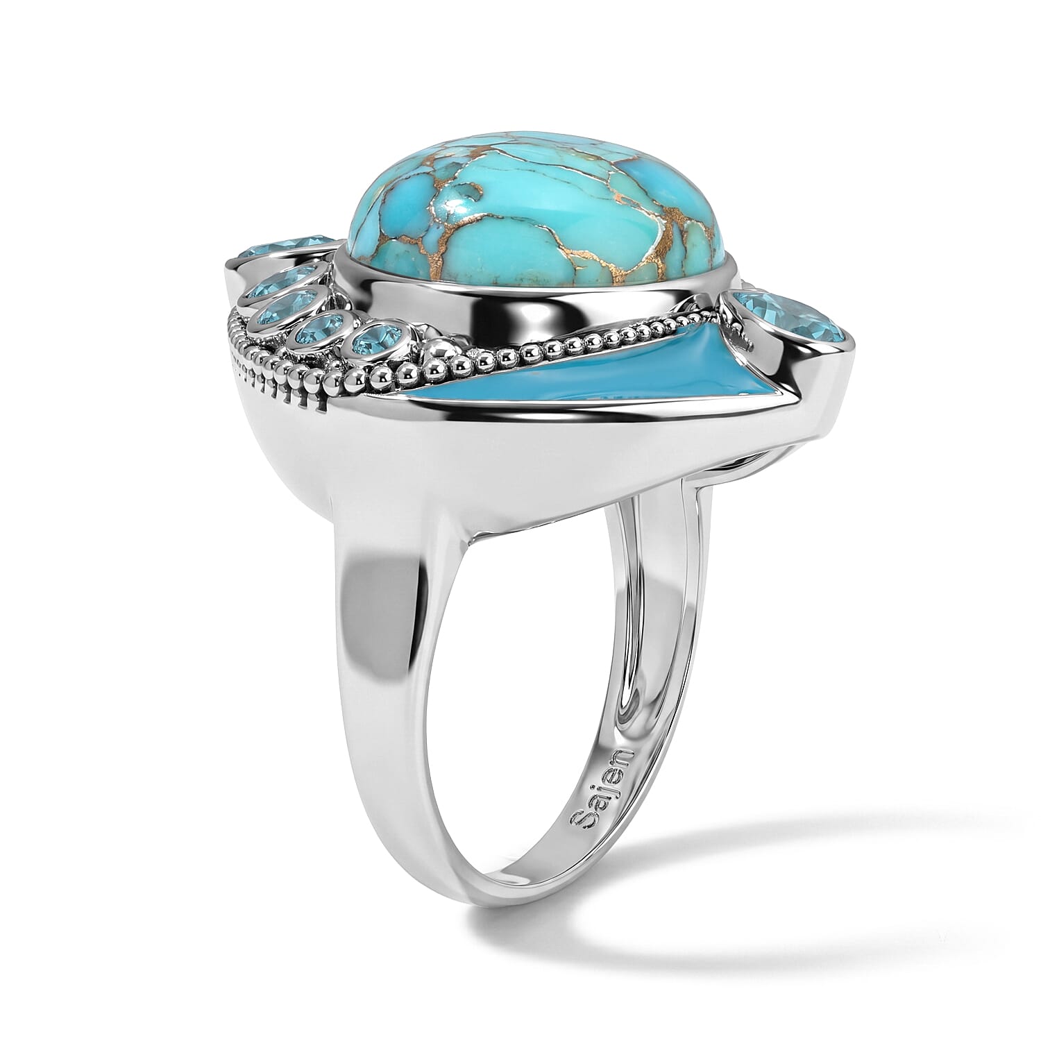 Sajen Silver AAA Recon Turquoise and Swiss Blue Topaz 11.20 ctw Ring in Rhodium Over Sterling Silver (Size 6.0)