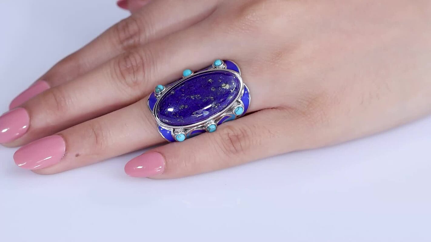 Sajen Silver AAA Lapis Lazuli, Recon Turquoise Ring in Rhodium Over Sterling Silver (Size 10.0) 28.30 ctw