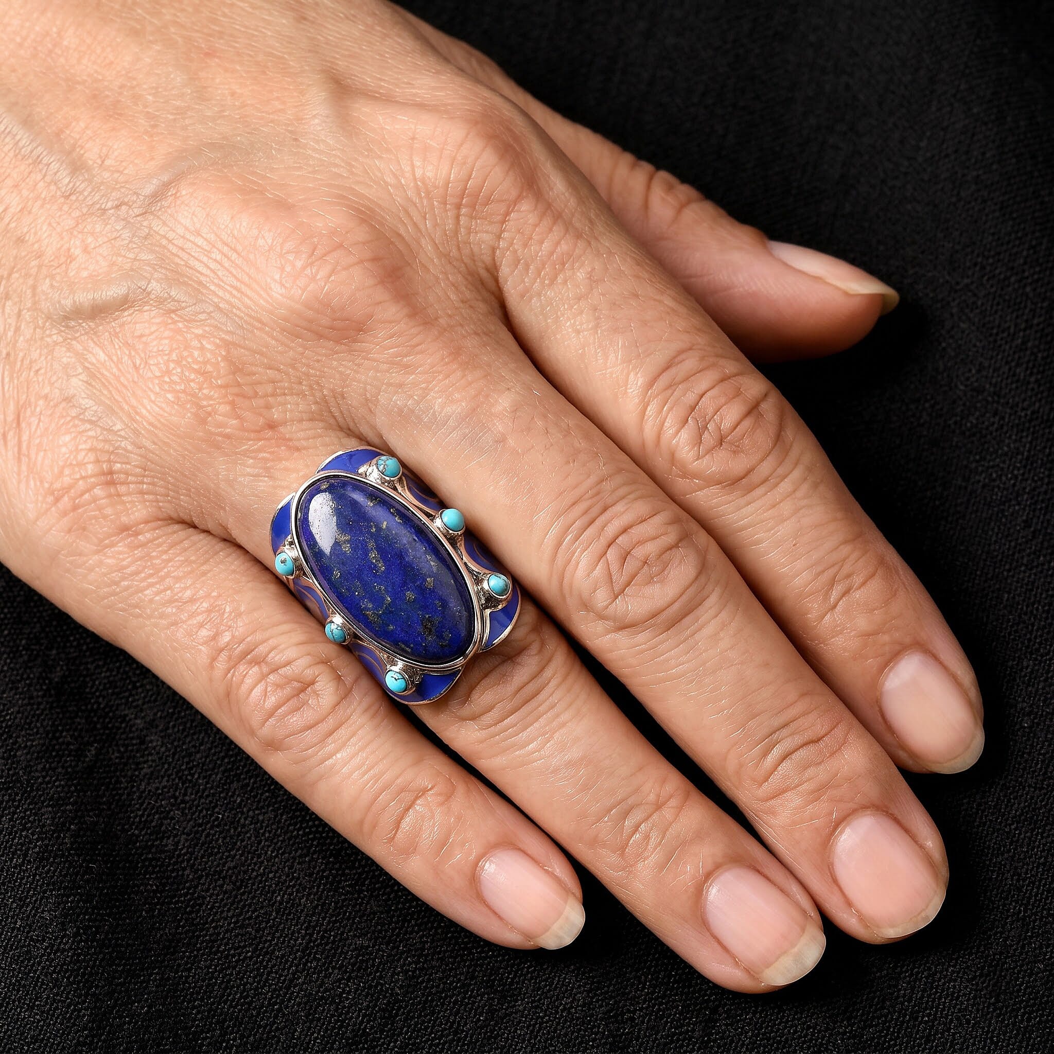 Sajen Silver AAA Lapis Lazuli, Recon Turquoise Ring in Rhodium Over Sterling Silver (Size 5.0) 28.30 ctw