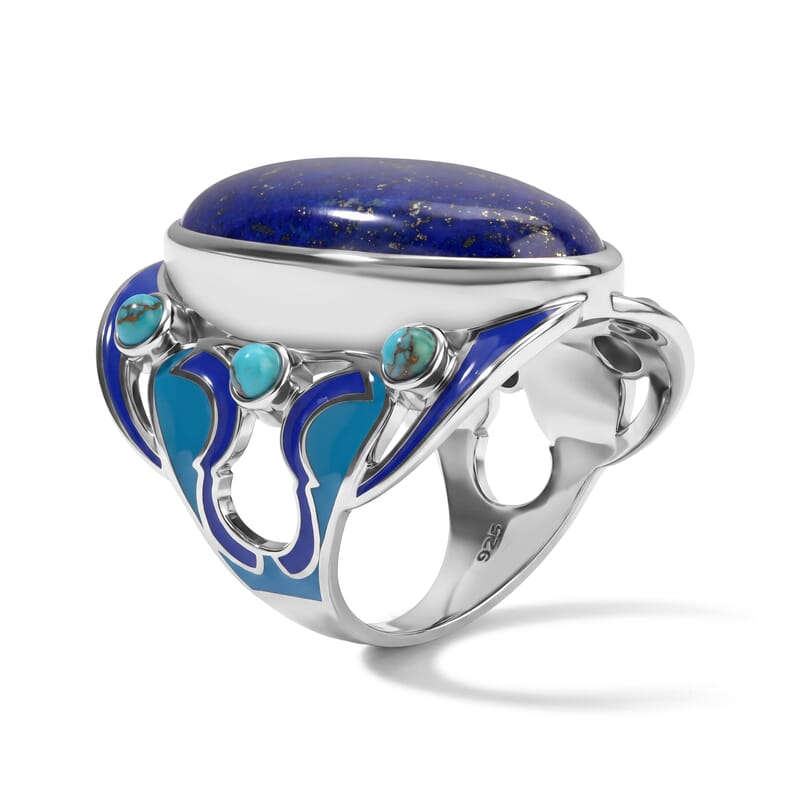 Sajen Silver AAA Lapis Lazuli, Recon Turquoise Ring in Rhodium Over Sterling Silver (Size 5.0) 28.30 ctw