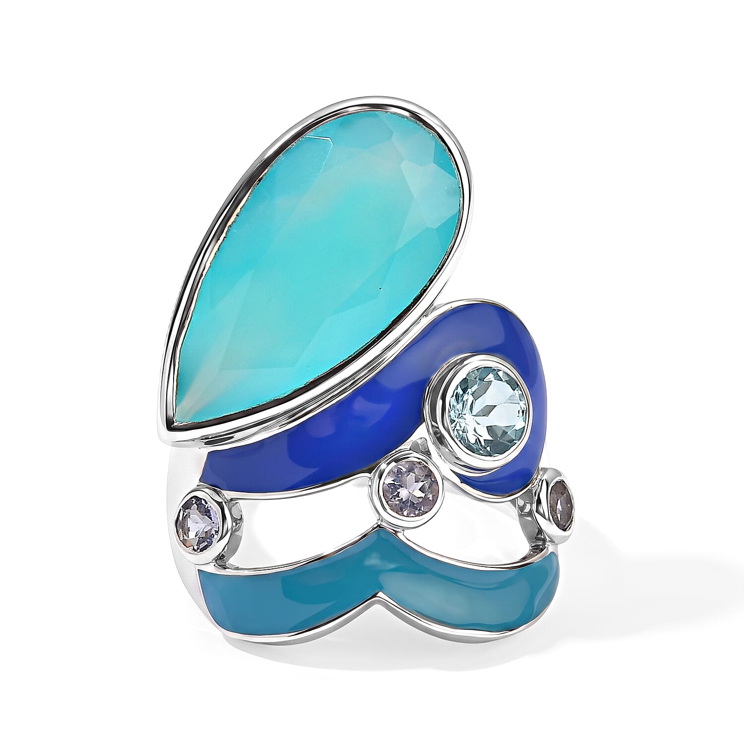 Sajen Silver AAA Paraiba Agate (D), Multi Gemstone Ring in Rhodium Over Sterling Silver (Size 10.0) 22.10 ctw
