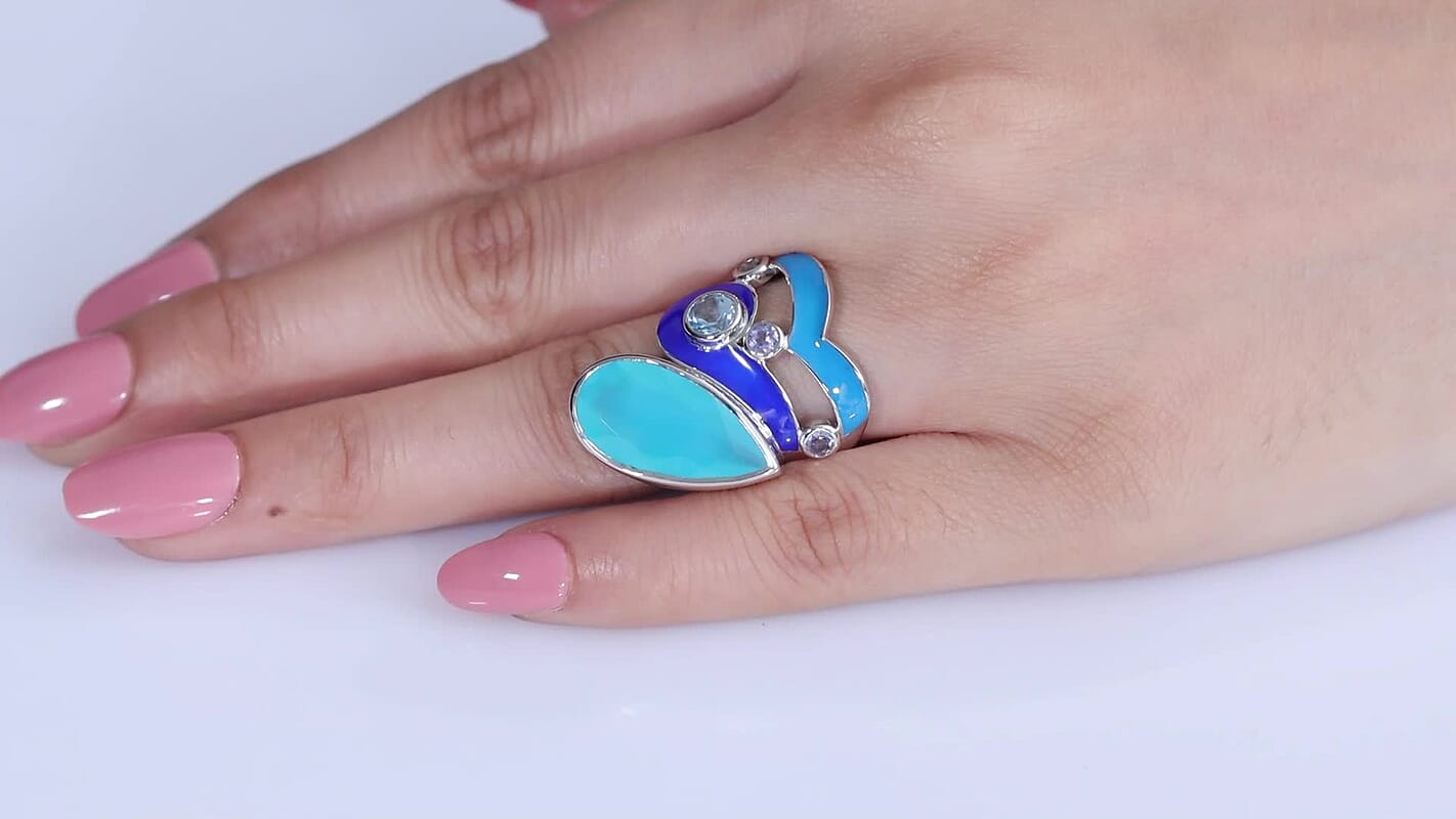 Sajen Silver AAA Paraiba Agate (D), Multi Gemstone Ring in Rhodium Over Sterling Silver (Size 10.0) 22.10 ctw