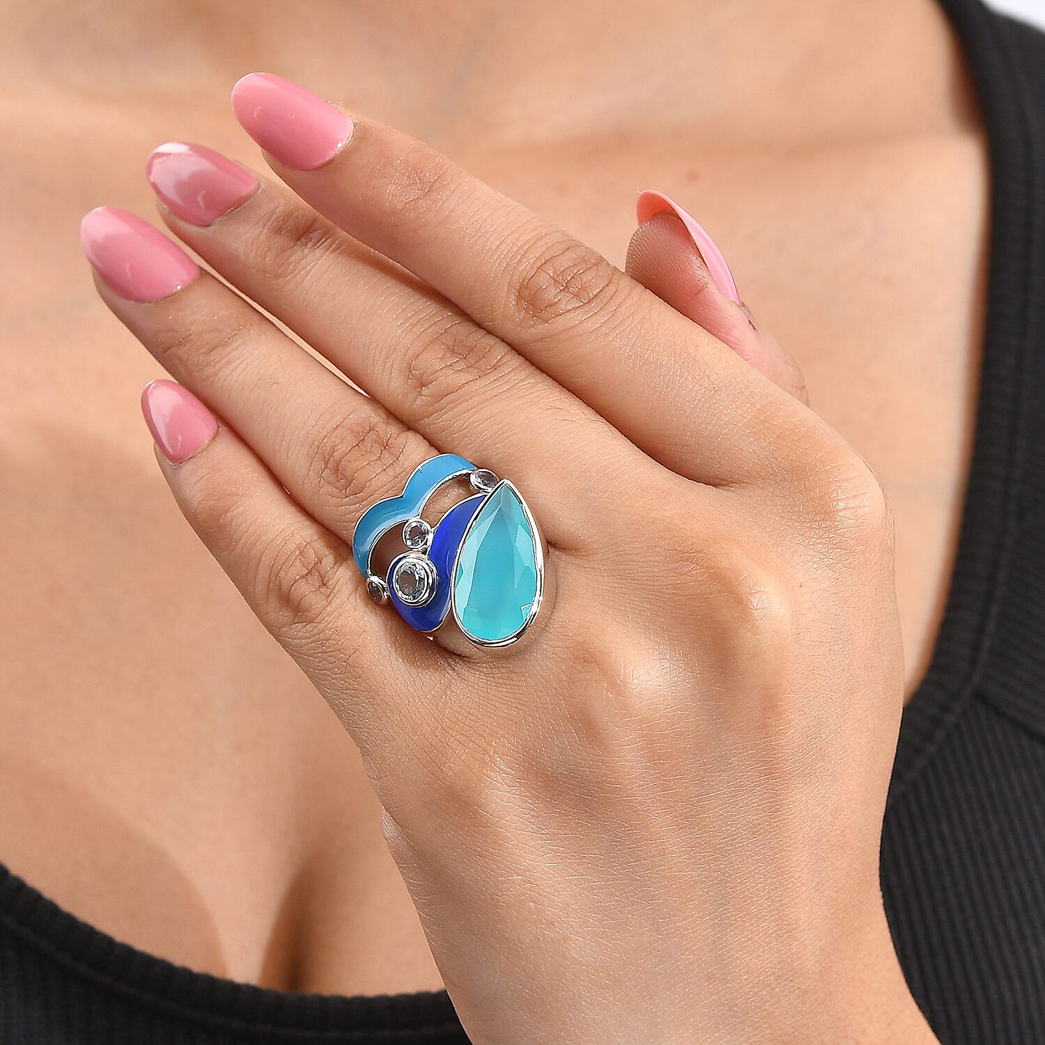Sajen Silver AAA Paraiba Agate (D) and Multi Gemstone 22.10 ctw Ring in Rhodium Over Sterling Silver (Size 5.0)