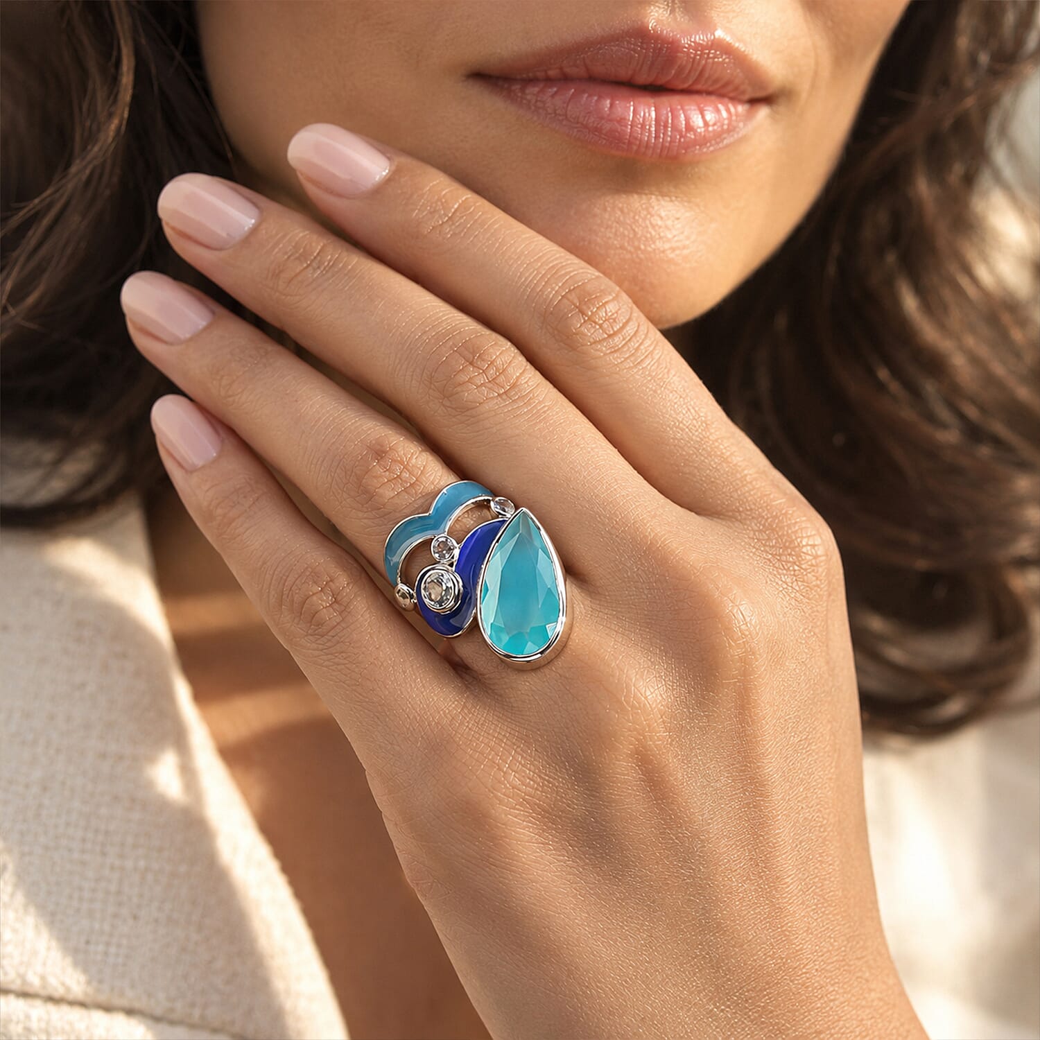 Sajen Silver AAA Paraiba Agate (D) and Multi Gemstone 22.10 ctw Ring in Rhodium Over Sterling Silver (Size 5.0)