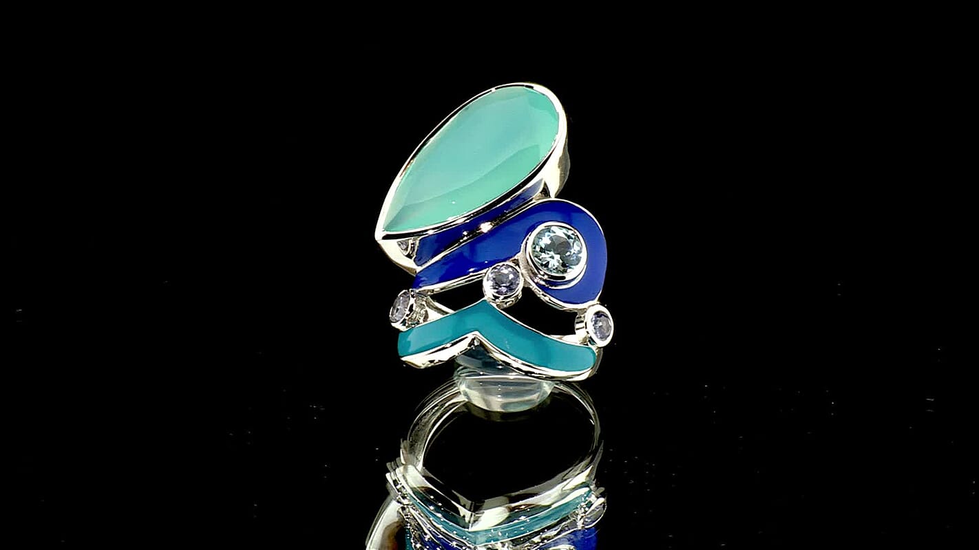 Sajen Silver AAA Paraiba Agate (D), Multi Gemstone Ring in Rhodium Over Sterling Silver (Size 10.0) 22.10 ctw