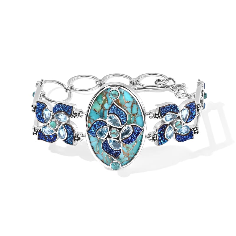 Sajen Silver AAA Recon Turquoise and Multi Gemstone 44.20 ctw Bracelet in Rhodium Over Sterling Silver (7.25 In)