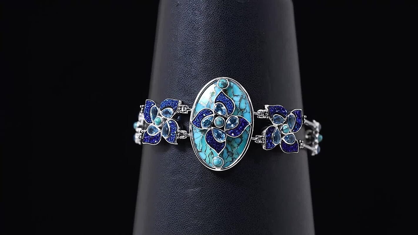 Sajen Silver AAA Recon Turquoise, Multi Gemstone Bracelet in Rhodium Over Sterling Silver (7.25 In) 44.20 ctw