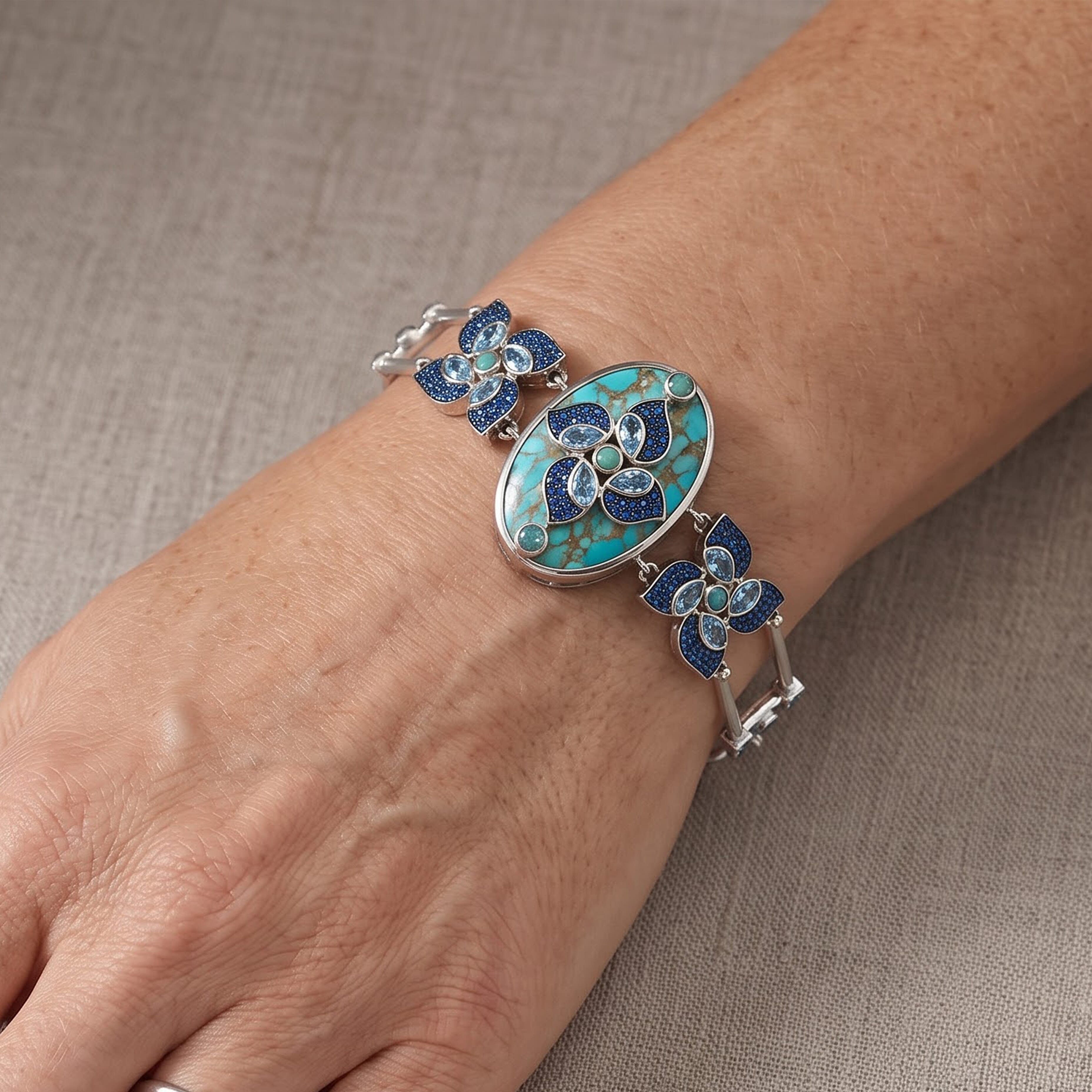 Sajen Silver AAA Recon Turquoise and Multi Gemstone 44.20 ctw Bracelet in Rhodium Over Sterling Silver (7.25 In)