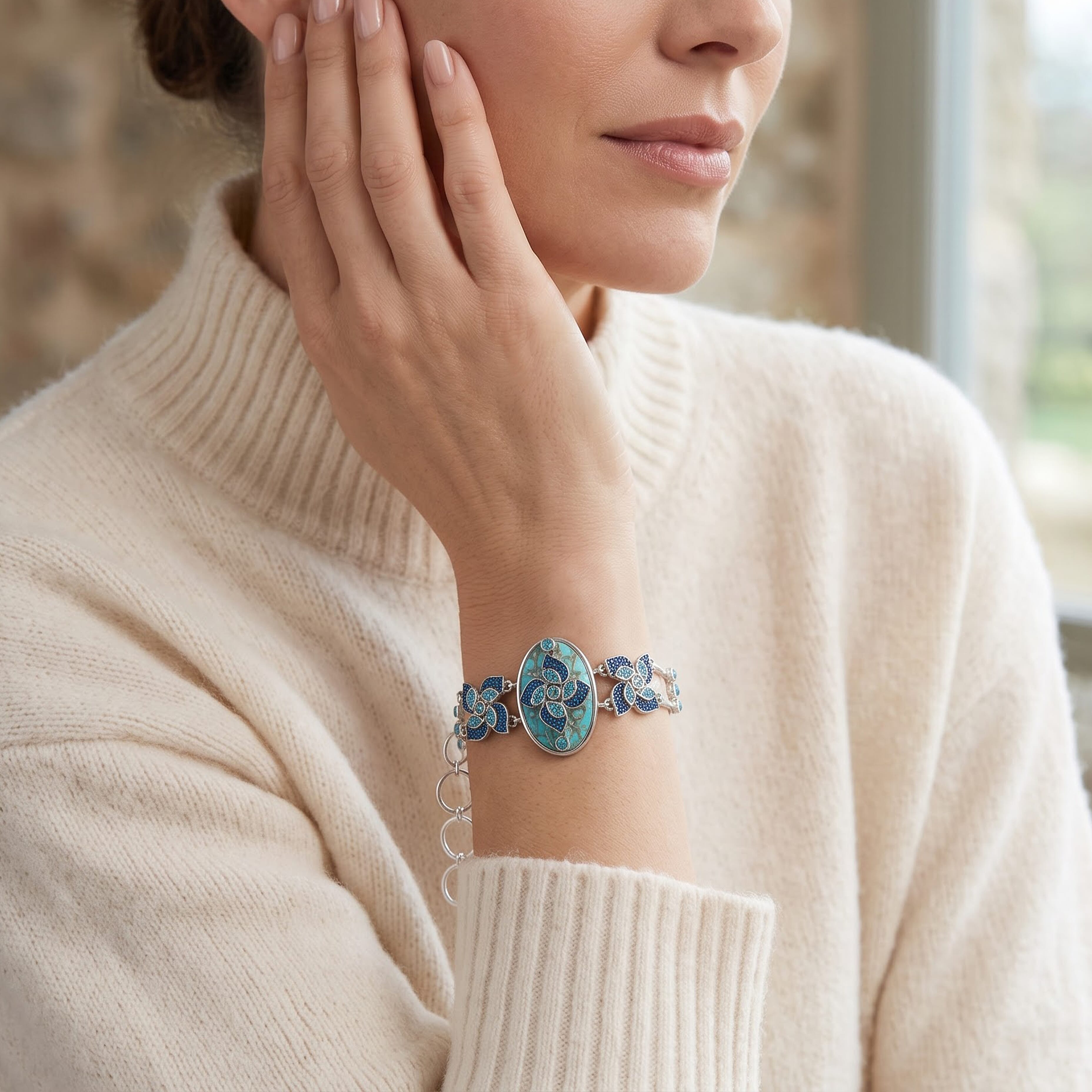 Sajen Silver AAA Recon Turquoise and Multi Gemstone 44.20 ctw Bracelet in Rhodium Over Sterling Silver (7.25 In)
