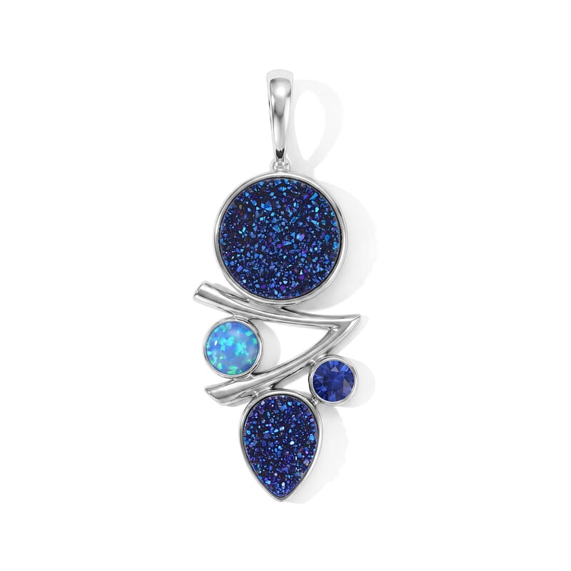 Sajen Silver Flat Blue Sapphire Drusy Quartz and Multi Gemstone 6.90 ctw Pendant Without Chain in Rhodium Over Sterling Silver