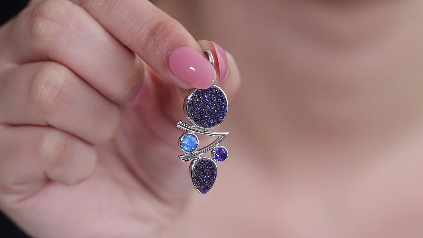 Sajen Silver Flat Blue Sapphire Drusy Quartz, Multi Gemstone Pendant Without Chain in Rhodium Over Sterling Silver 6.90 ctw