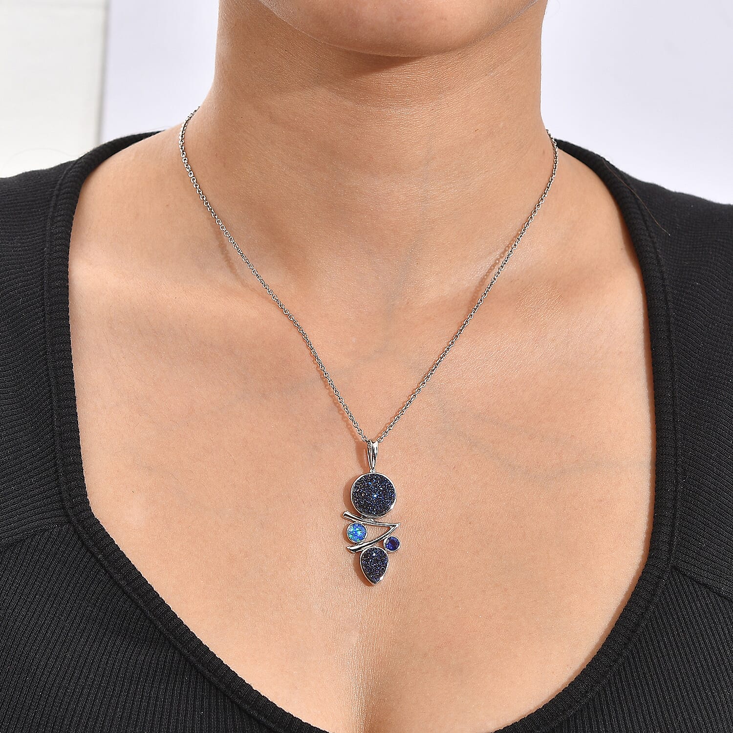 Sajen Silver Flat Blue Sapphire Drusy Quartz and Multi Gemstone 6.90 ctw Pendant Without Chain in Rhodium Over Sterling Silver