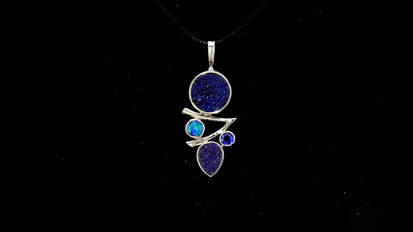 Sajen Silver Flat Blue Sapphire Drusy Quartz, Multi Gemstone Pendant Without Chain in Rhodium Over Sterling Silver 6.90 ctw