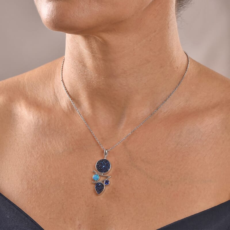 Sajen Silver Flat Blue Sapphire Drusy Quartz and Multi Gemstone 6.90 ctw Pendant Without Chain in Rhodium Over Sterling Silver