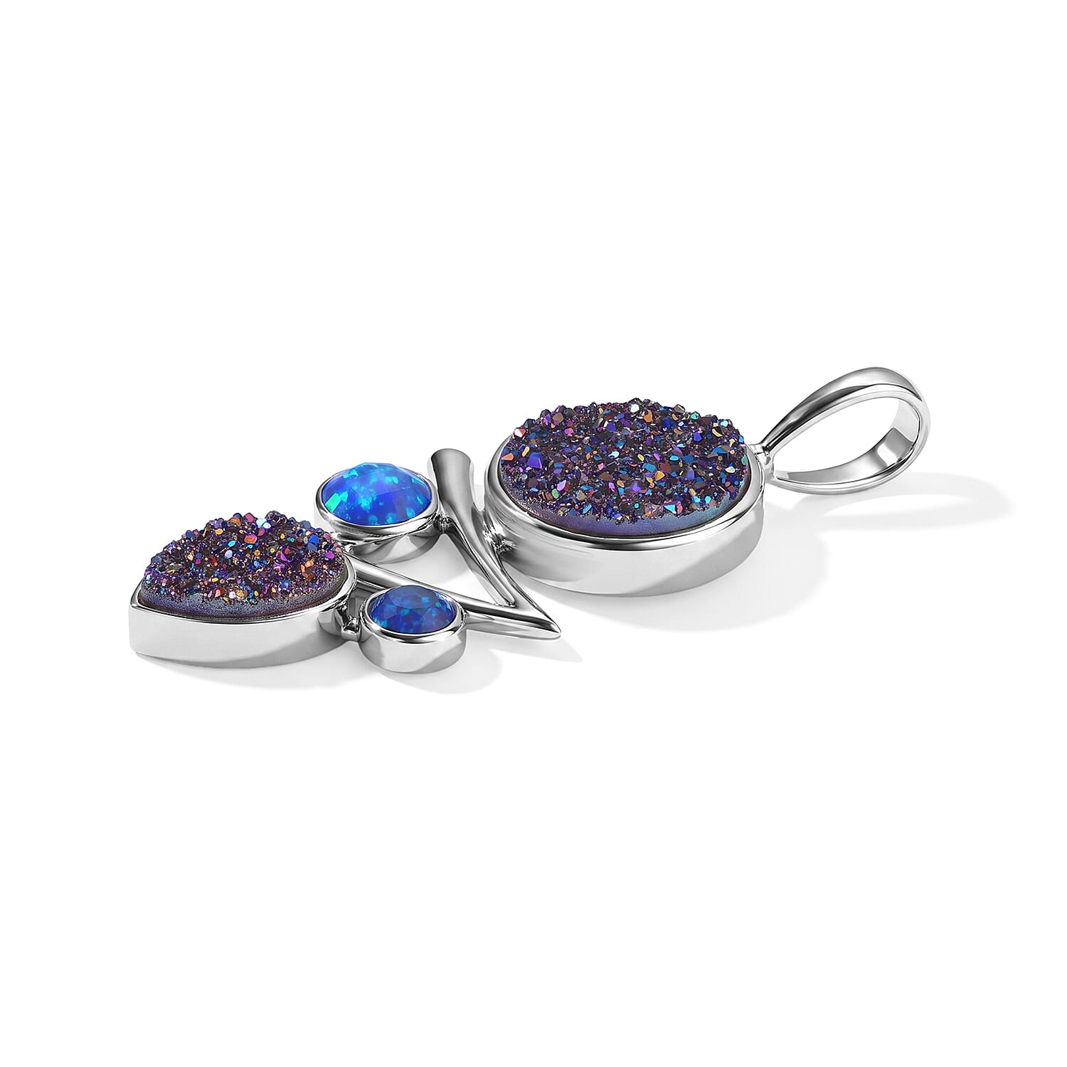 Sajen Silver Flat Blue Sapphire Drusy Quartz and Multi Gemstone 6.90 ctw Pendant Without Chain in Rhodium Over Sterling Silver