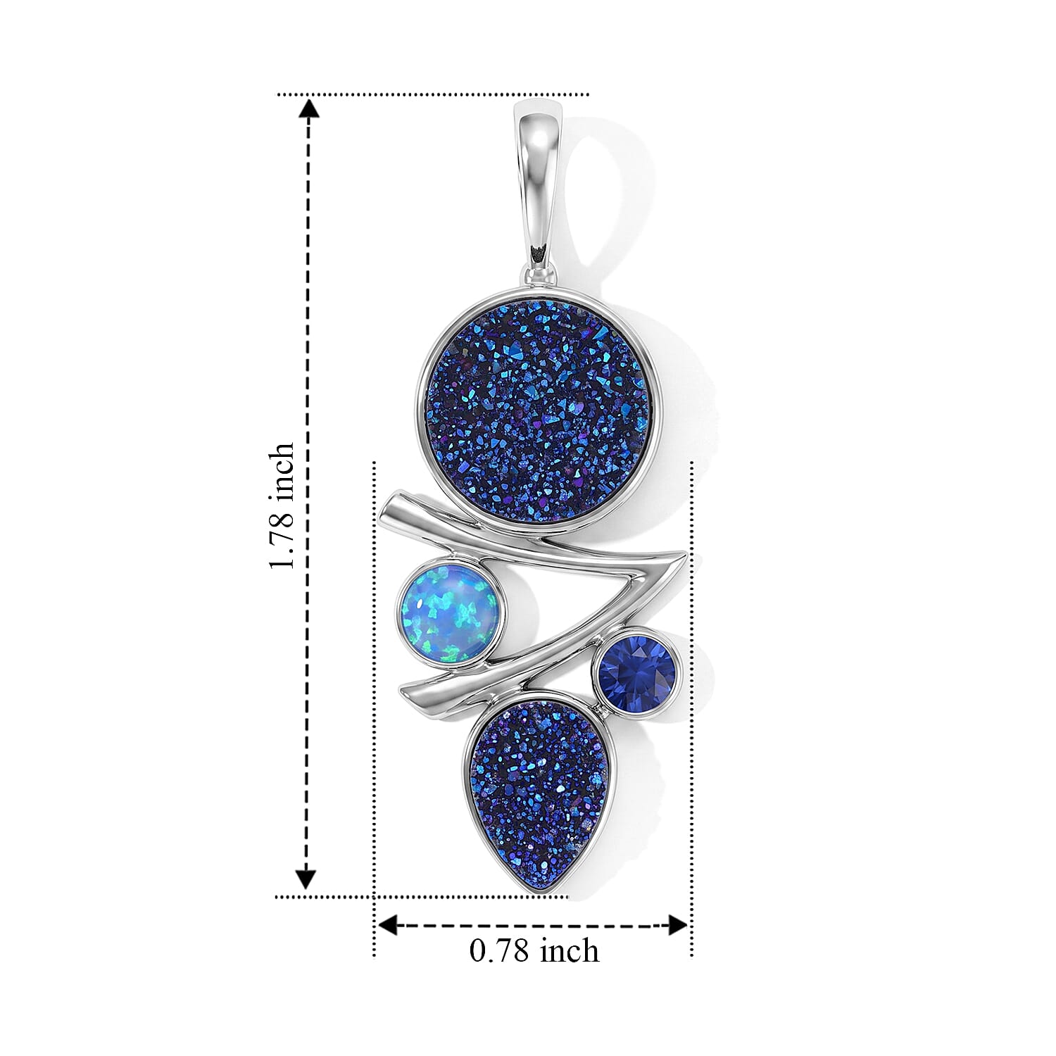 Sajen Silver Flat Blue Sapphire Drusy Quartz and Multi Gemstone 6.90 ctw Pendant Without Chain in Rhodium Over Sterling Silver