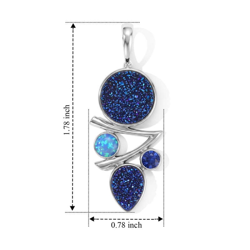 Sajen Silver Flat Blue Sapphire Drusy Quartz and Multi Gemstone 6.90 ctw Pendant Without Chain in Rhodium Over Sterling Silver