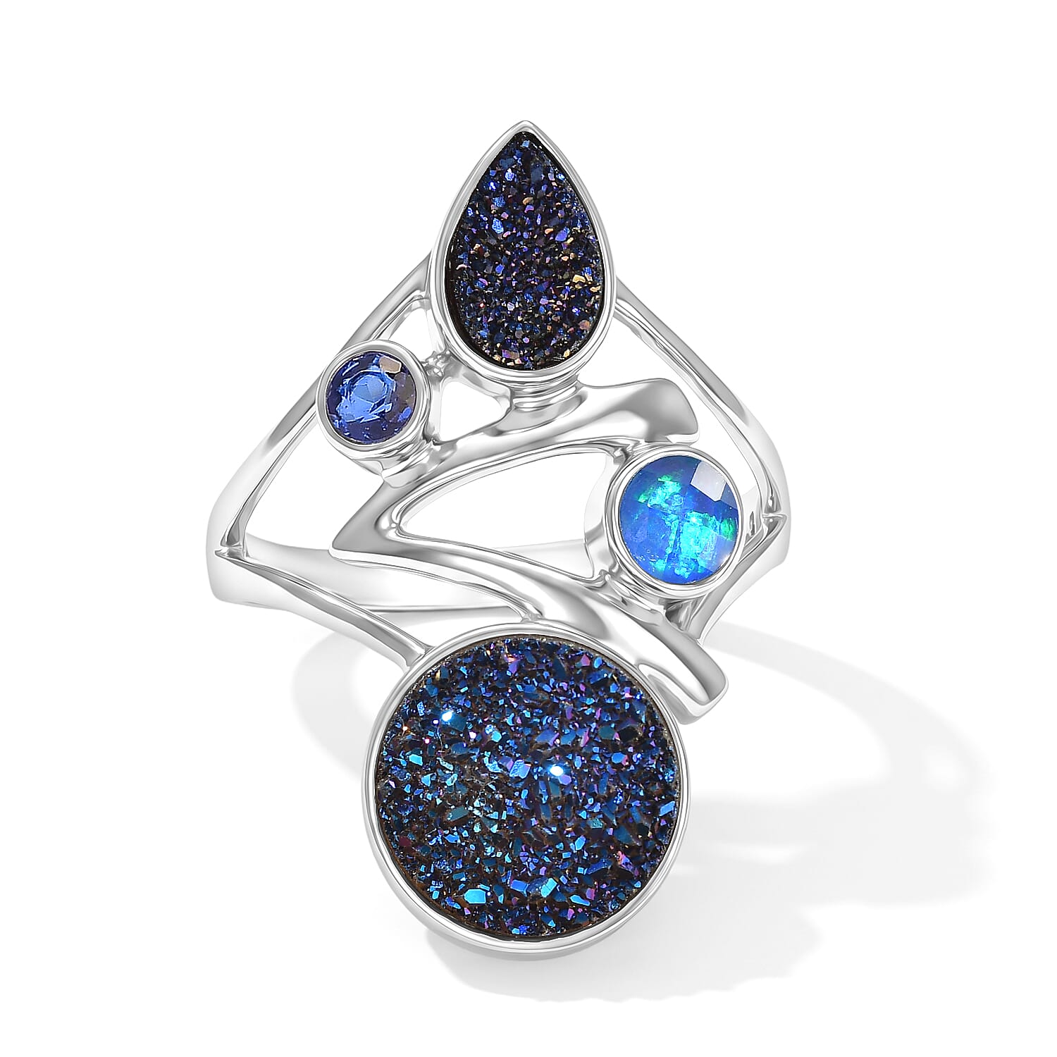 Sajen Silver Flat Blue Sapphire Drusy Quartz, Multi Gemstone Ring in Rhodium Over Sterling Silver (Size 10.0) 3.75 ctw