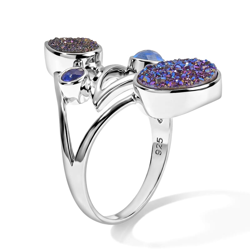 Sajen Silver Flat Blue Sapphire Drusy Quartz and Multi Gemstone 3.75 ctw Ring in Rhodium Over Sterling Silver (Size 6.0)