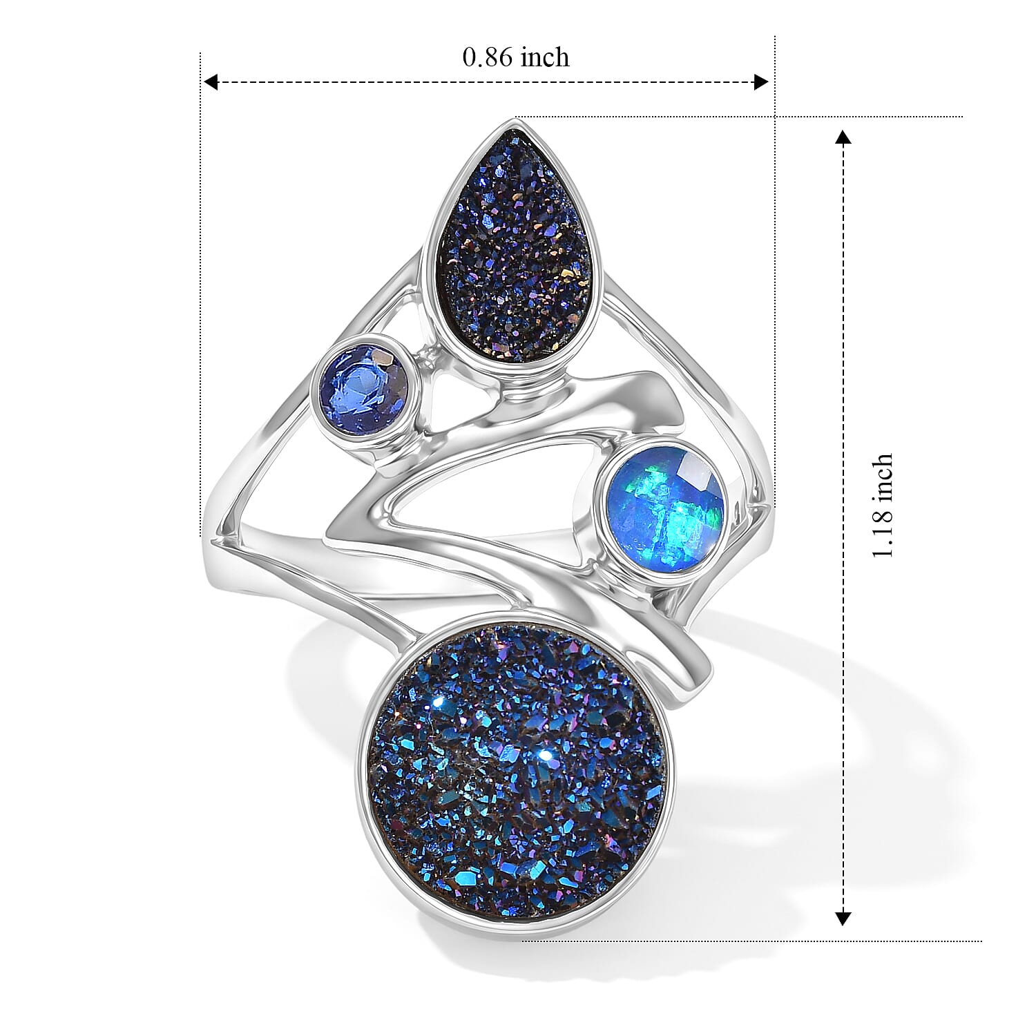 Sajen Silver Flat Blue Sapphire Drusy Quartz and Multi Gemstone 3.75 ctw Ring in Rhodium Over Sterling Silver (Size 6.0)