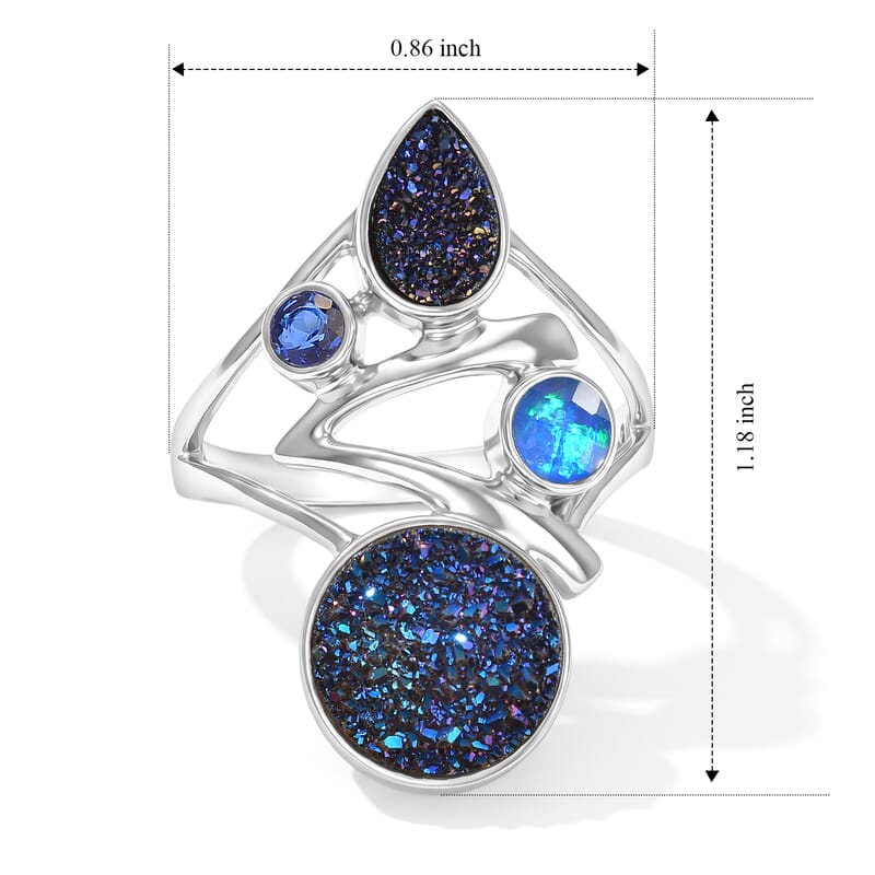 Sajen Silver Flat Blue Sapphire Drusy Quartz and Multi Gemstone 3.75 ctw Ring in Rhodium Over Sterling Silver (Size 6.0)