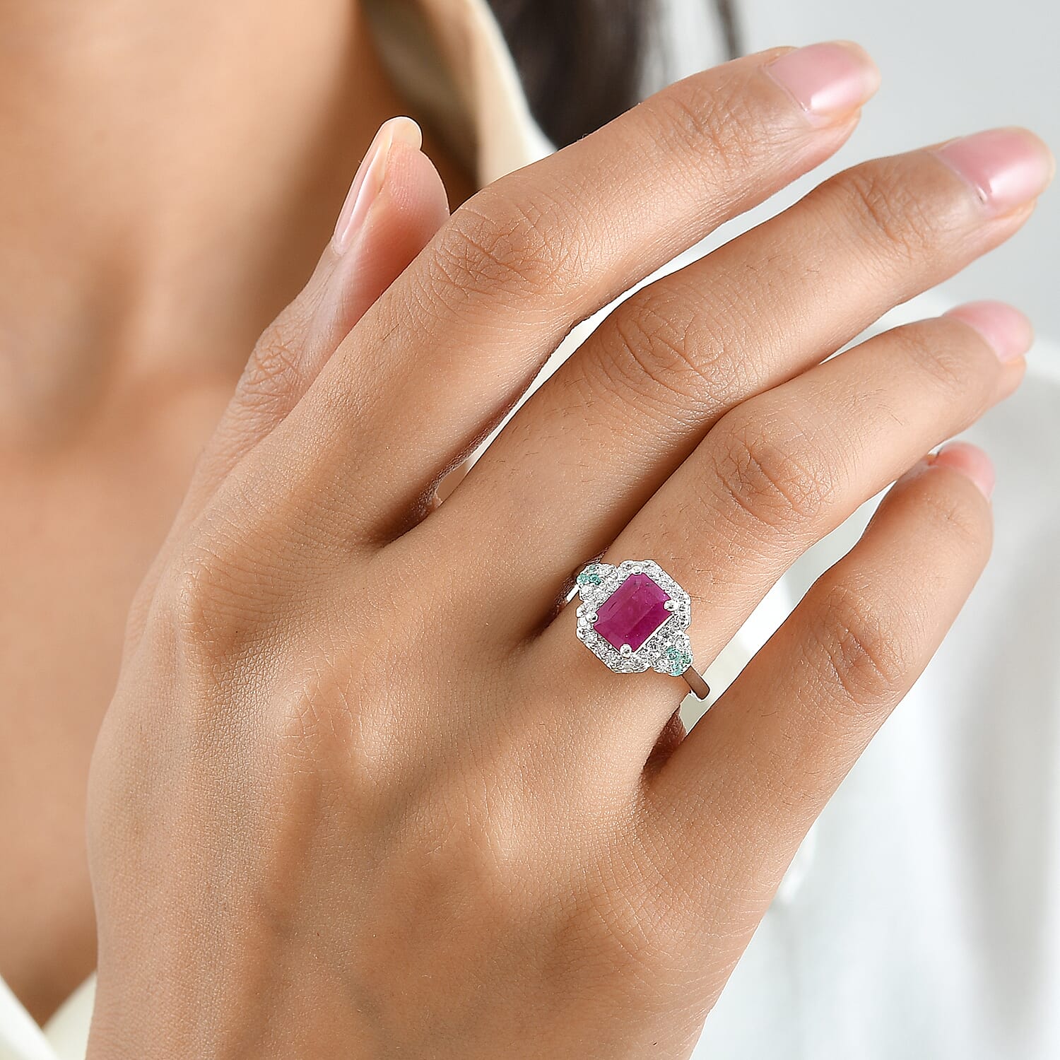 Certified and Appraised D'Joy Premium Taveta Ruby, Paraiba Tourmaline and Moissanite 2.75 ctw Ring in Rhodium Over Sterling Silver (Size 6.0)