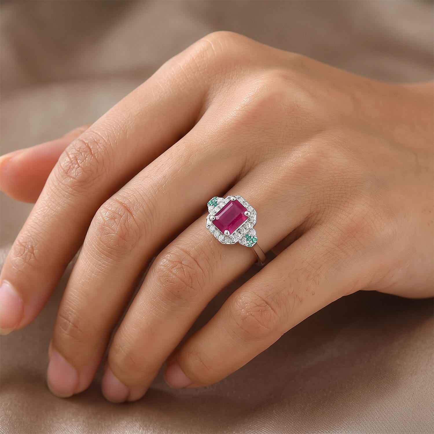 Certified and Appraised D'Joy Premium Taveta Ruby, Paraiba Tourmaline and Moissanite 2.75 ctw Ring in Rhodium Over Sterling Silver (Size 6.0)