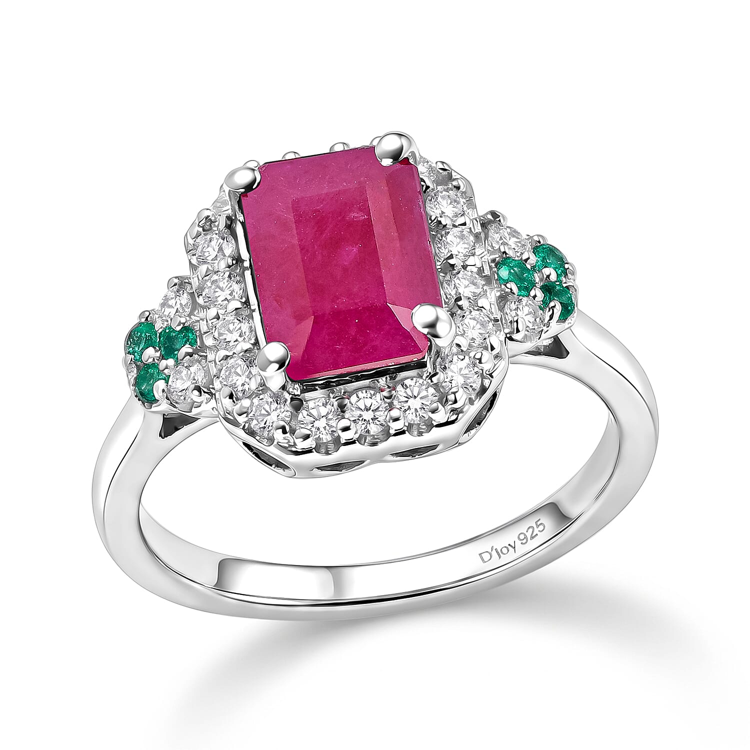 Certified and Appraised D'Joy Premium Taveta Ruby, Paraiba Tourmaline and Moissanite 2.75 ctw Ring in Rhodium Over Sterling Silver (Size 6.0)