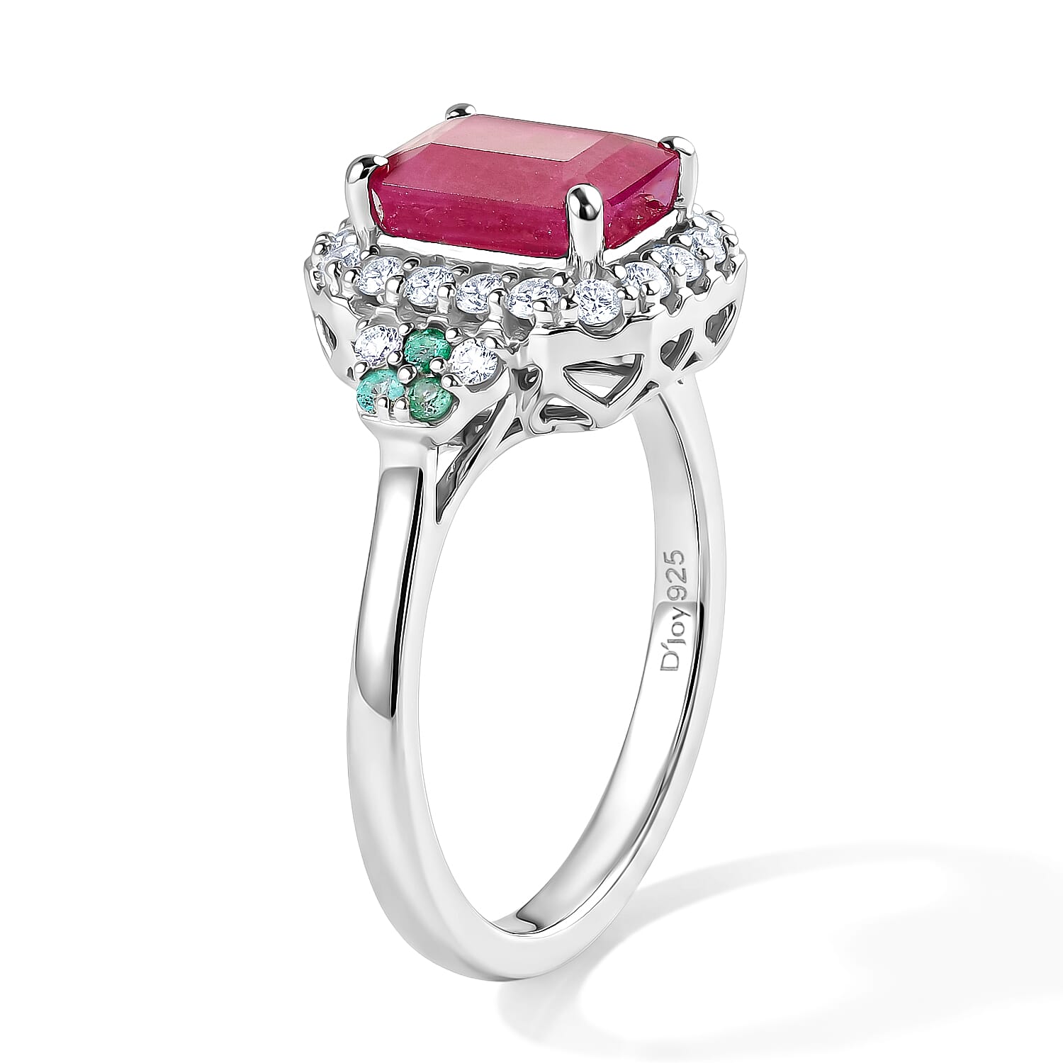 Certified and Appraised D'Joy Premium Taveta Ruby, Paraiba Tourmaline and Moissanite 2.75 ctw Ring in Rhodium Over Sterling Silver (Size 6.0)