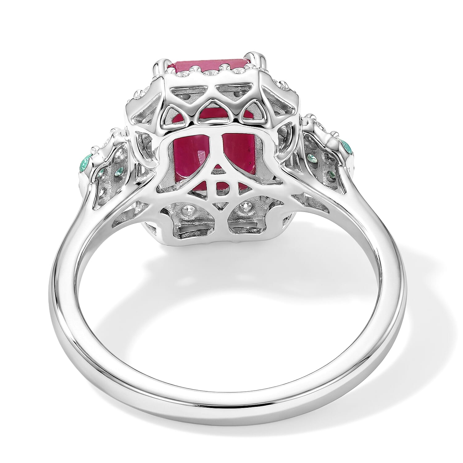 Certified and Appraised D'Joy Premium Taveta Ruby, Paraiba Tourmaline and Moissanite 2.75 ctw Ring in Rhodium Over Sterling Silver (Size 6.0)