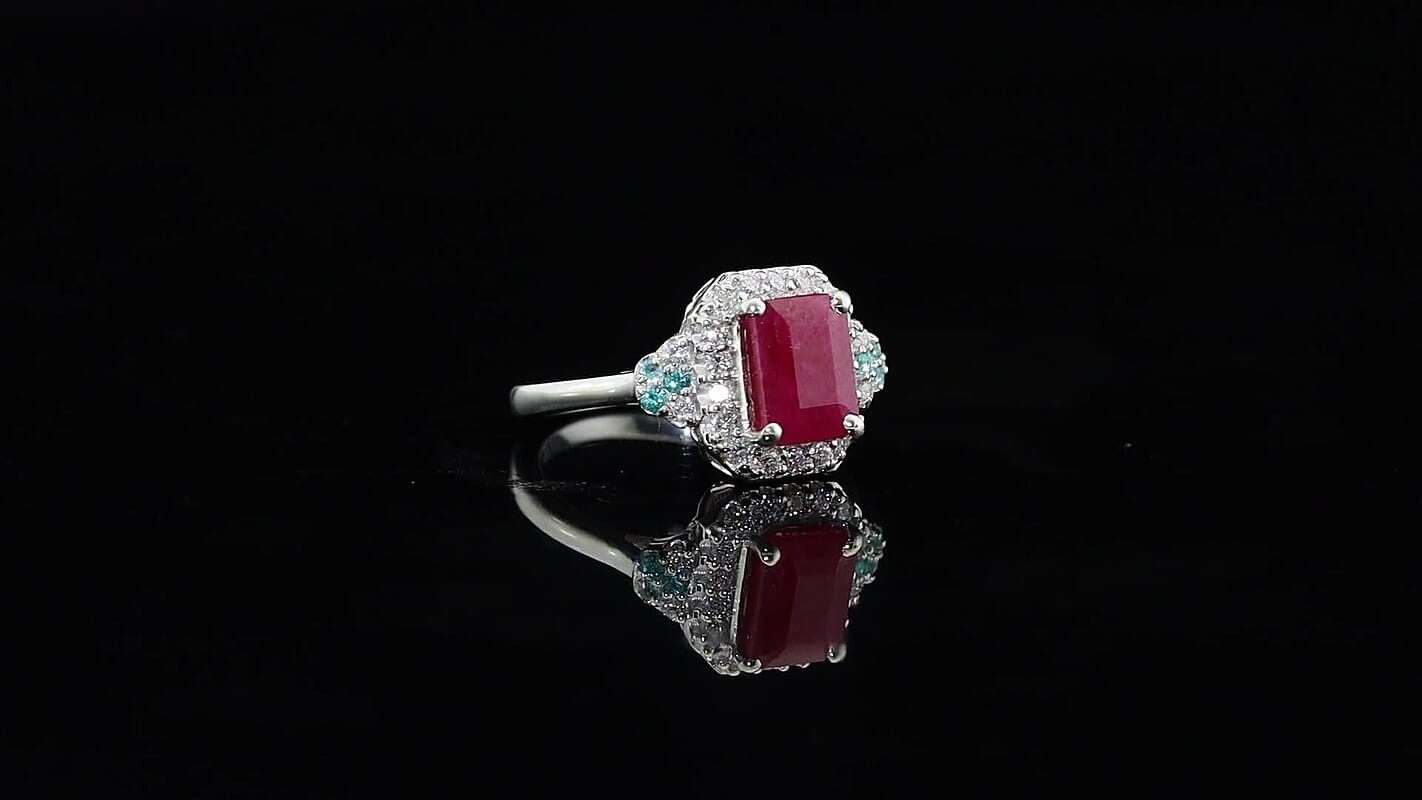 Certified and Appraised D''Joy Premium Taveta Ruby, Paraiba Tourmaline and Moissanite Ring in Rhodium Over Sterling Silver (Size 6.0) 2.75 ctw