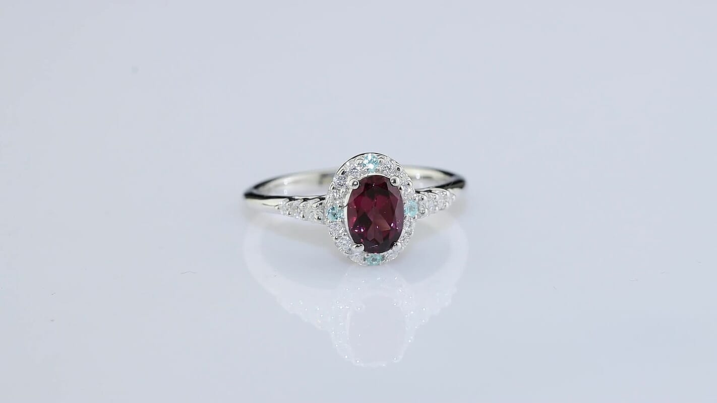 Certified and Appraised D''Joy Premium Radiant Ember Garnet, Paraiba Tourmaline and Moissanite Ring in Rhodium Over Sterling Silver (Size 6.0) 1.31 ctw