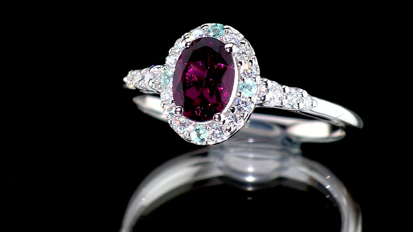 Certified and Appraised D''Joy Premium Radiant Ember Garnet, Paraiba Tourmaline and Moissanite Ring in Rhodium Over Sterling Silver (Size 6.0) 1.31 ctw
