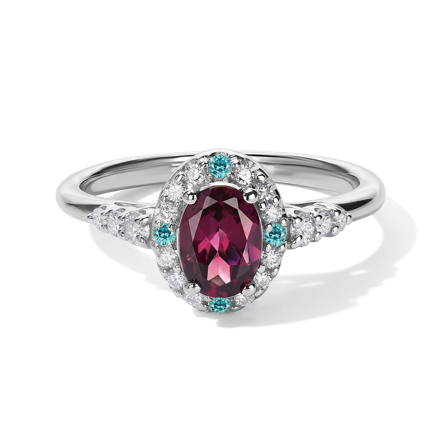 Certified and Appraised D'Joy Premium Radiant Ember Garnet, Paraiba Tourmaline and Moissanite 1.31 ctw Ring in Rhodium Over Sterling Silver (Size 7.0)