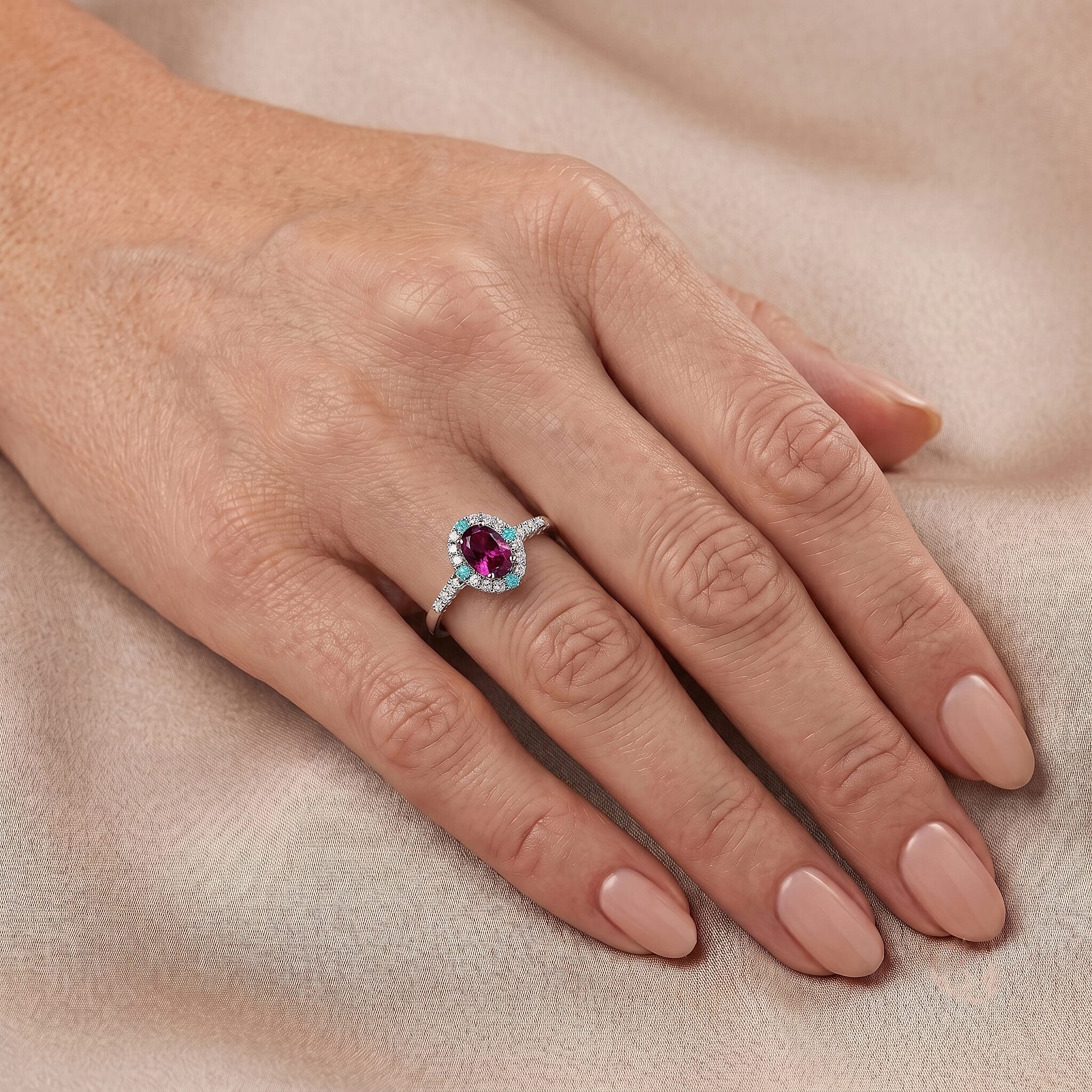 Certified and Appraised D'Joy Premium Radiant Ember Garnet, Paraiba Tourmaline and Moissanite 1.31 ctw Ring in Rhodium Over Sterling Silver (Size 7.0)