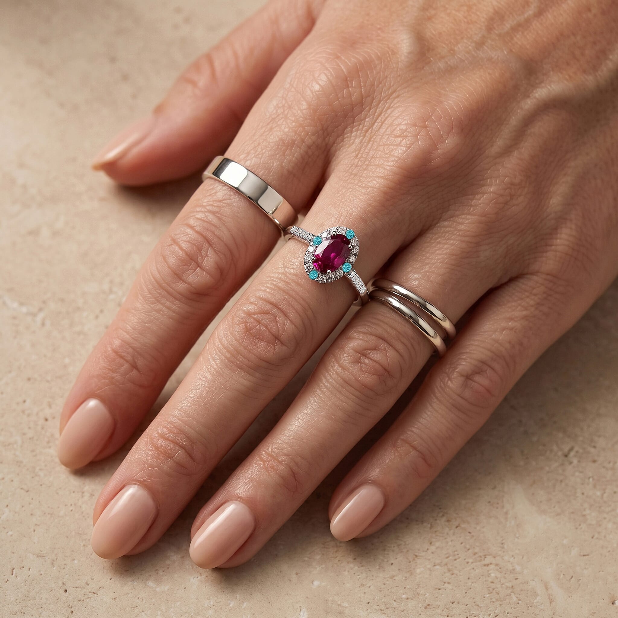 Certified and Appraised D'Joy Premium Radiant Ember Garnet, Paraiba Tourmaline and Moissanite 1.31 ctw Ring in Rhodium Over Sterling Silver (Size 7.0)