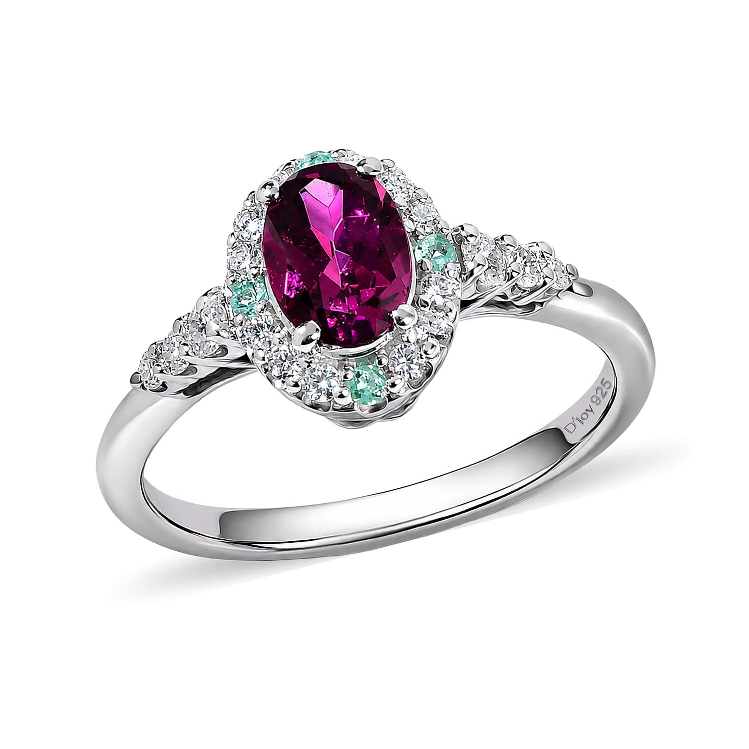 Certified and Appraised D'Joy Premium Radiant Ember Garnet, Paraiba Tourmaline and Moissanite 1.31 ctw Ring in Rhodium Over Sterling Silver (Size 7.0)