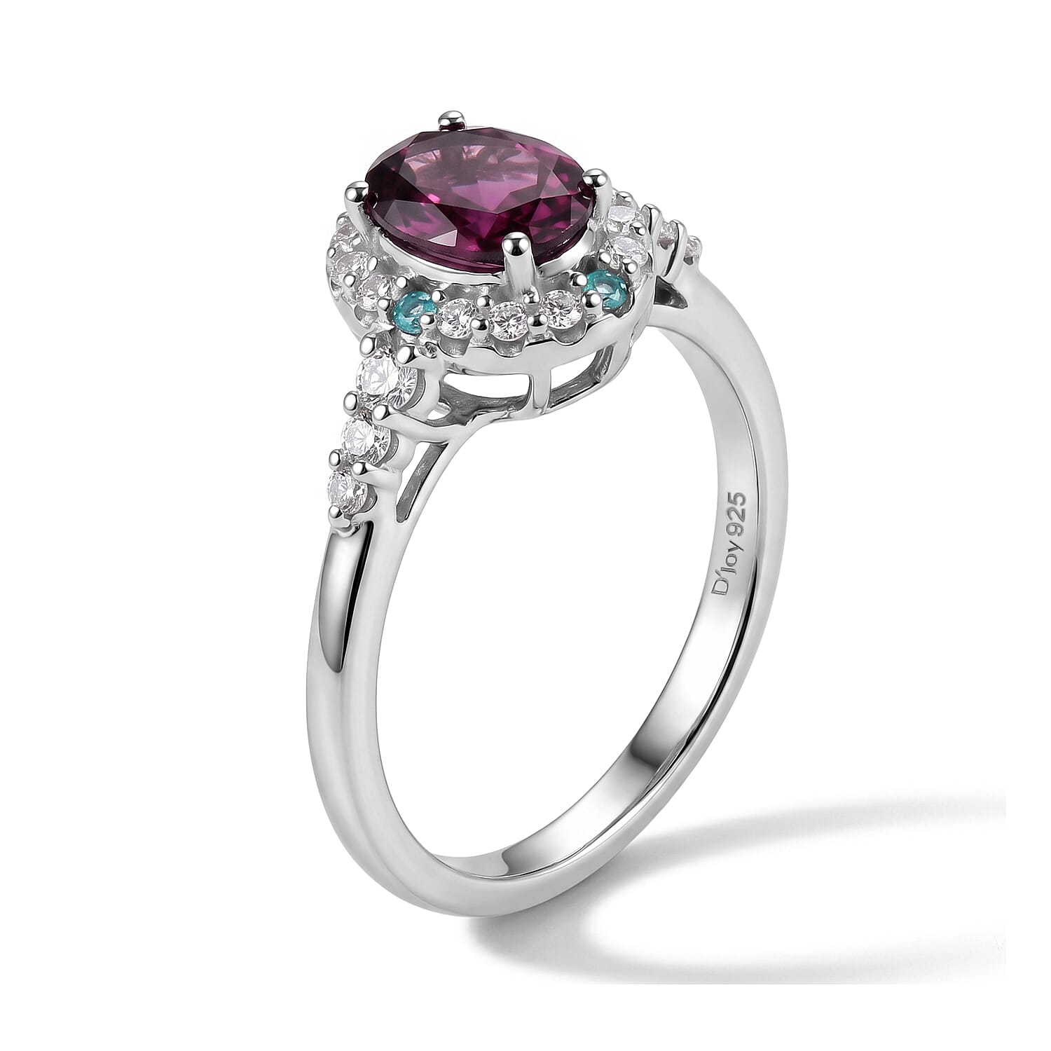 Certified and Appraised D'Joy Premium Radiant Ember Garnet, Paraiba Tourmaline and Moissanite 1.31 ctw Ring in Rhodium Over Sterling Silver (Size 7.0)