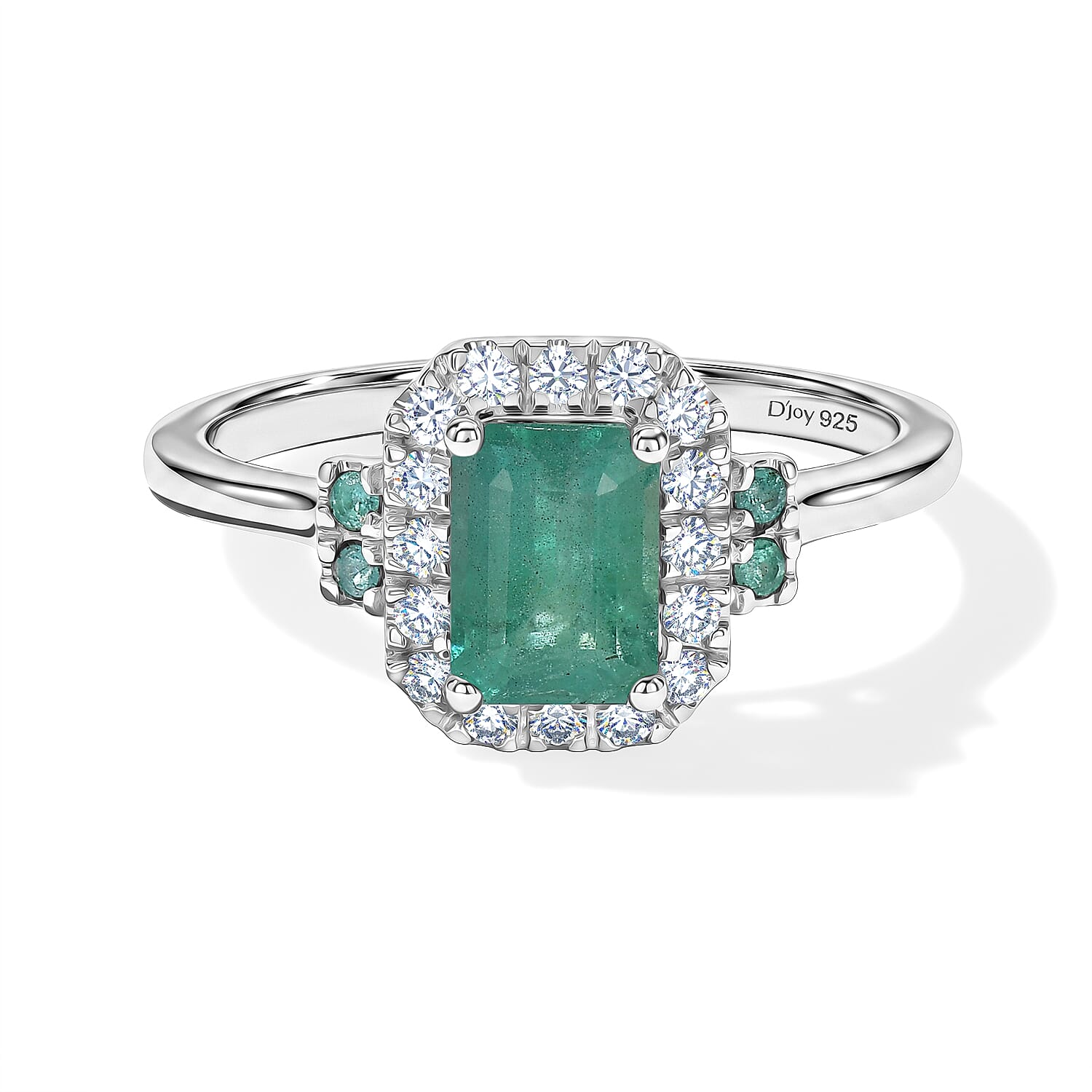 Certified and Appraised D'Joy Premium Kagem Zambian Emerald, Paraiba Tourmaline and Moissanite 1.39 ctw Ring in Rhodium Over Sterling Silver (Size 7.0)