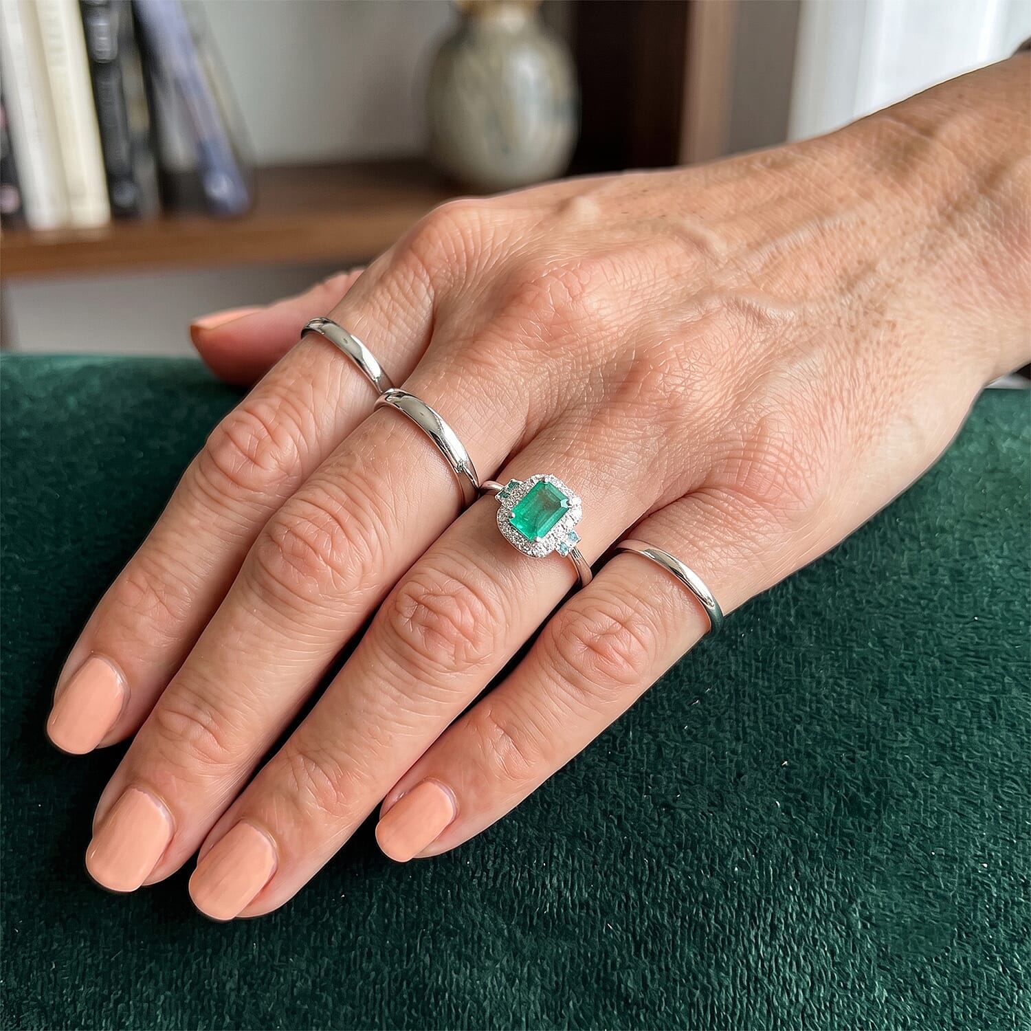 Certified and Appraised D'Joy Premium Kagem Zambian Emerald, Paraiba Tourmaline and Moissanite 1.39 ctw Ring in Rhodium Over Sterling Silver (Size 7.0)