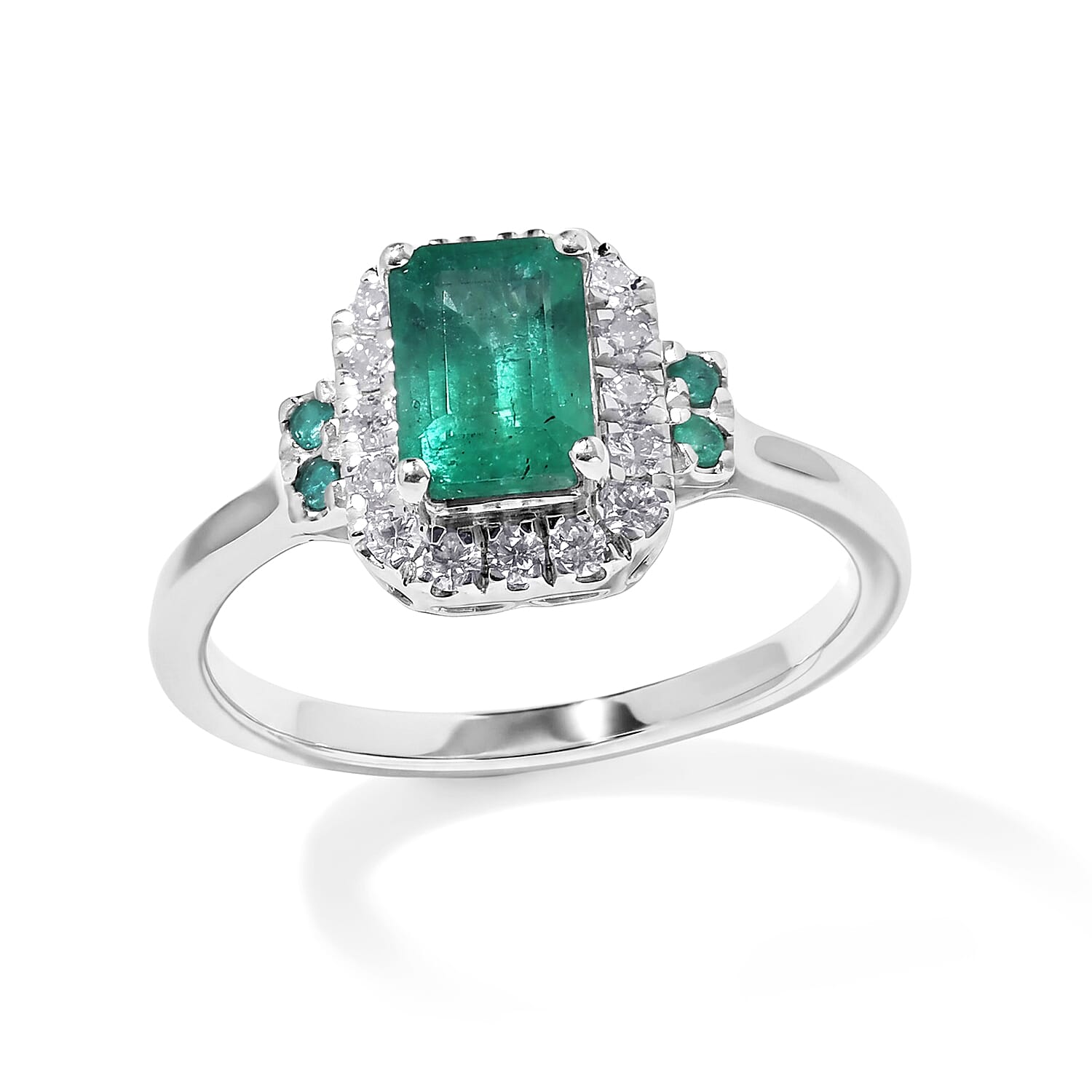 Certified and Appraised D'Joy Premium Kagem Zambian Emerald, Paraiba Tourmaline and Moissanite 1.39 ctw Ring in Rhodium Over Sterling Silver (Size 7.0)