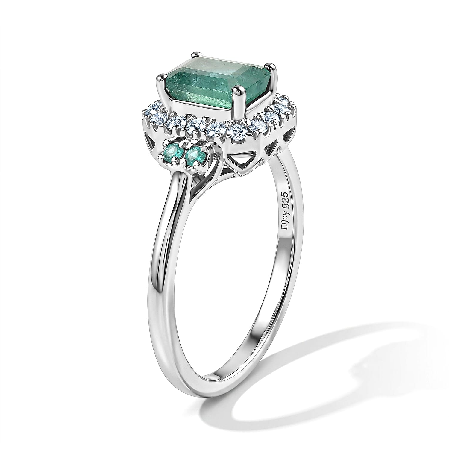 Certified and Appraised D'Joy Premium Kagem Zambian Emerald, Paraiba Tourmaline and Moissanite 1.39 ctw Ring in Rhodium Over Sterling Silver (Size 7.0)