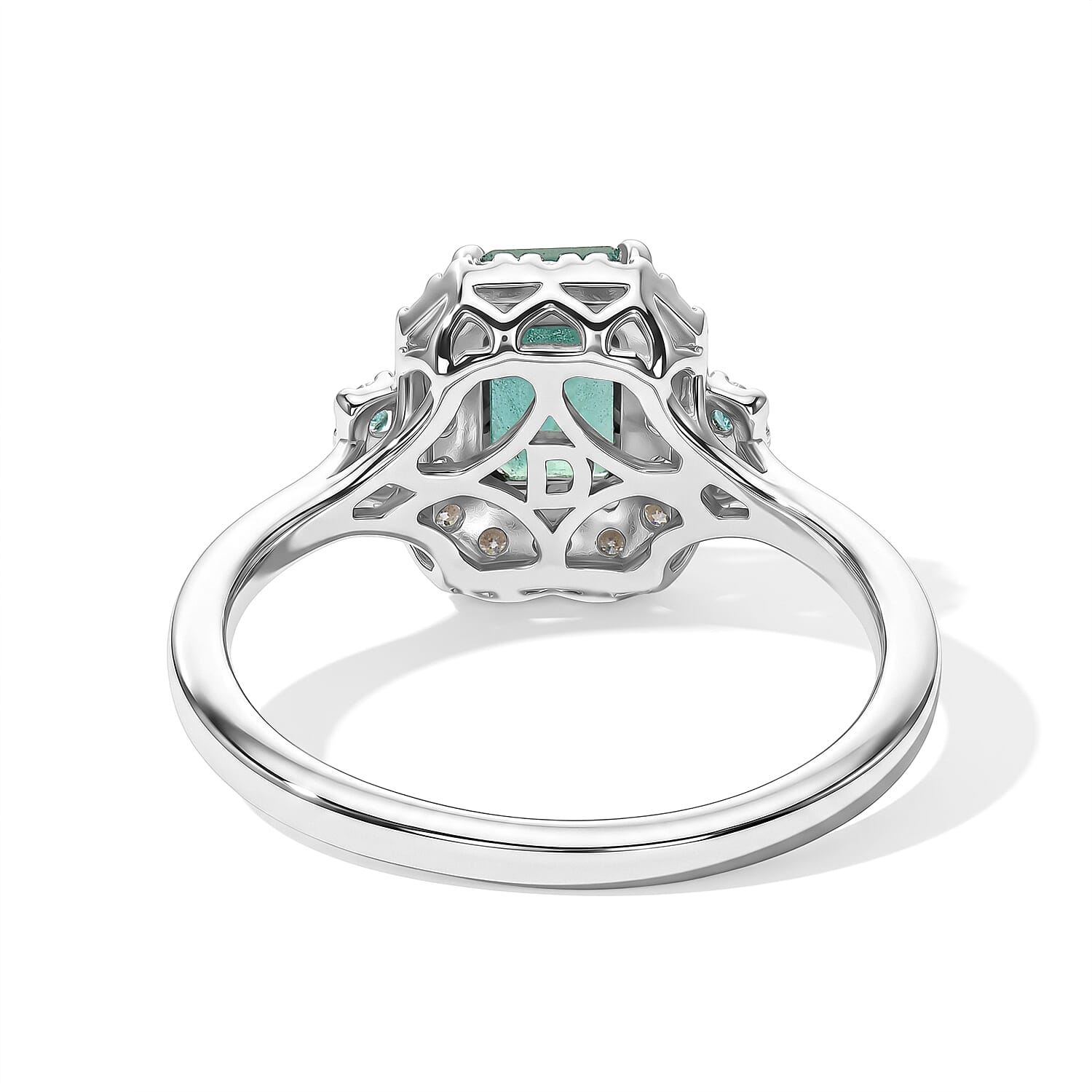Certified and Appraised D'Joy Premium Kagem Zambian Emerald, Paraiba Tourmaline and Moissanite 1.39 ctw Ring in Rhodium Over Sterling Silver (Size 7.0)
