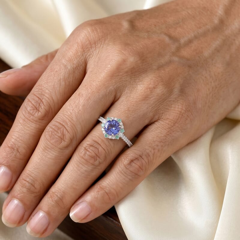 Certified and Appraised D'Joy Premium Tanzanite, Paraiba Tourmaline and Moissanite Ring in Rhodium Over Sterling Silver (Size 5.0) 2.15 ctw
