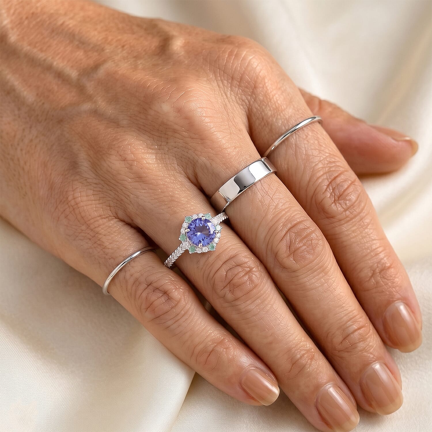 Certified and Appraised D'Joy Premium Tanzanite, Paraiba Tourmaline and Moissanite Ring in Rhodium Over Sterling Silver (Size 5.0) 2.15 ctw