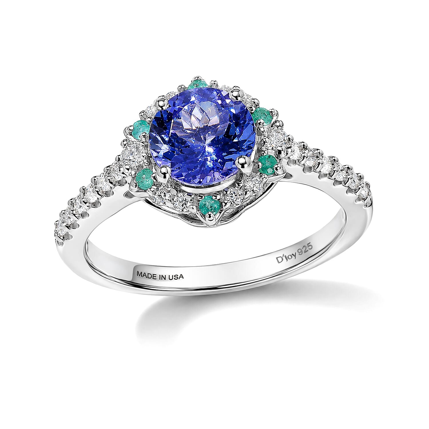 Certified and Appraised D'Joy Premium Tanzanite, Paraiba Tourmaline and Moissanite Ring in Rhodium Over Sterling Silver (Size 5.0) 2.15 ctw