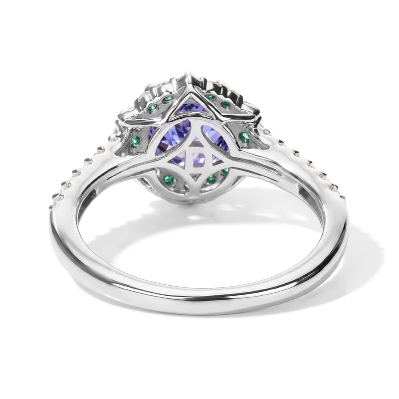 Certified and Appraised D'Joy Premium Tanzanite, Paraiba Tourmaline and Moissanite Ring in Rhodium Over Sterling Silver (Size 5.0) 2.15 ctw