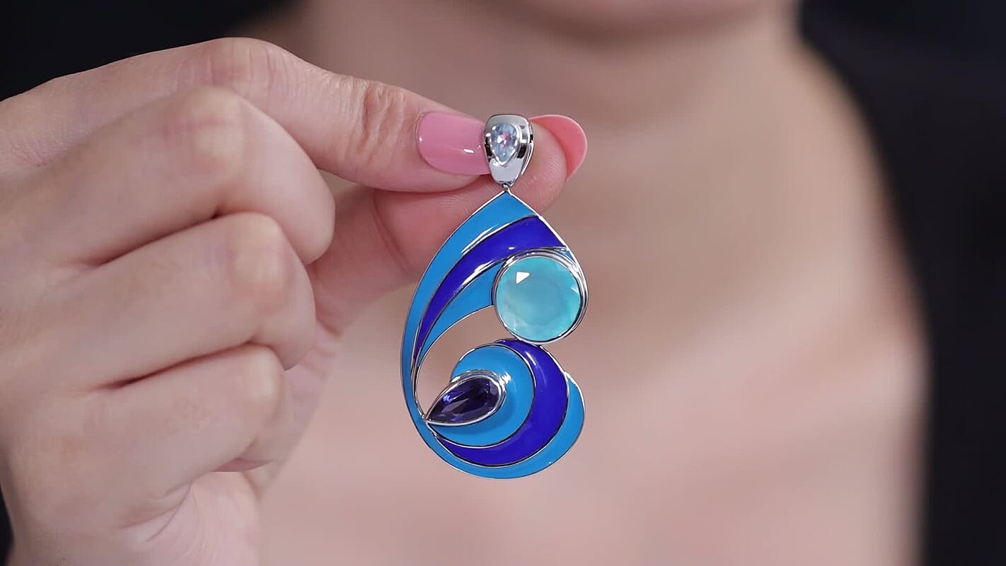 Sajen Silver Paraiba Agate (D), Multi Gemstone Pendant without Chain in Rhodium Over Sterling Silver 8.75 ctw