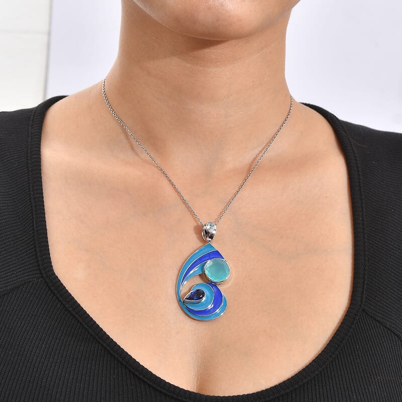 Sajen Silver Paraiba Agate (D) and Multi Gemstone 8.75 ctw Pendant without Chain in Rhodium Over Sterling Silver