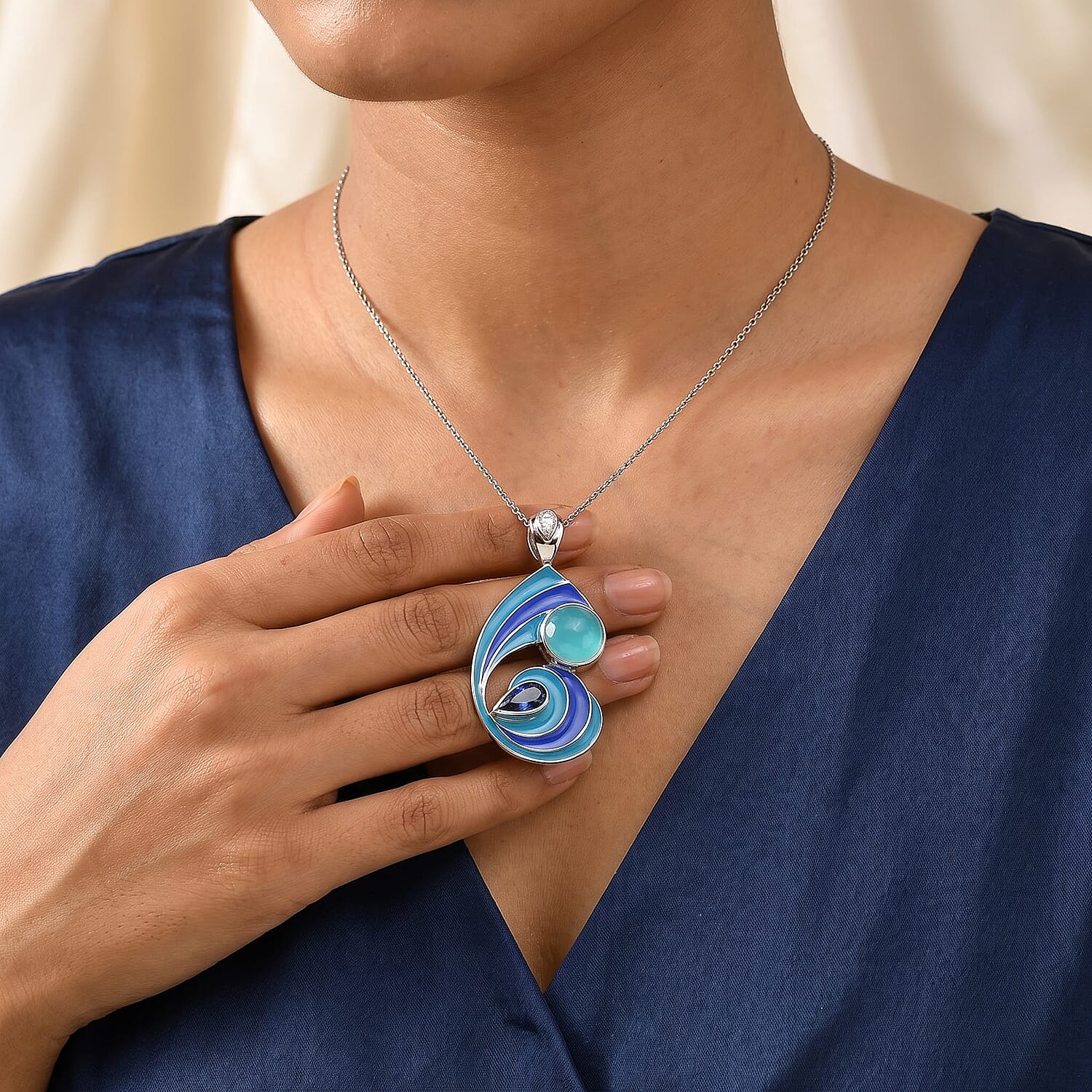 Sajen Silver Paraiba Agate (D) and Multi Gemstone 8.75 ctw Pendant without Chain in Rhodium Over Sterling Silver